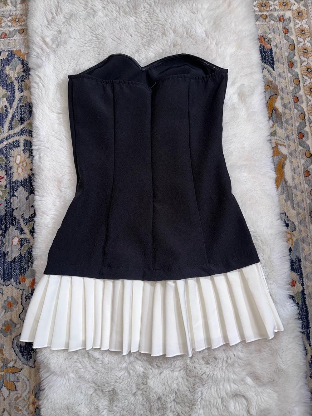 Strapless Black Mini Dress with White Pleated Hem - Picture 6 of 9